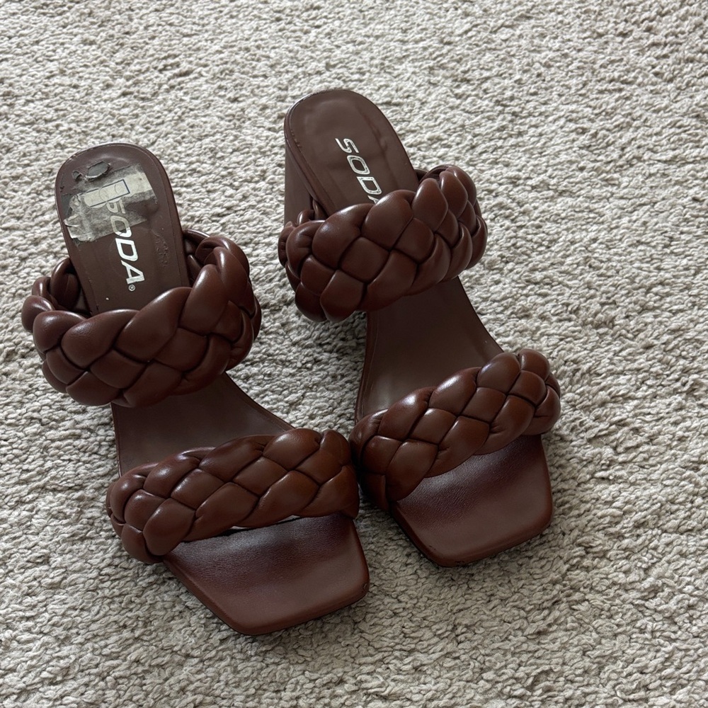 Soda Braided Double-Strap Slide Sandals in Brown